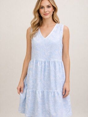 Tahari Linen Blue Sleeveless Tiered Dress L Botanical Print